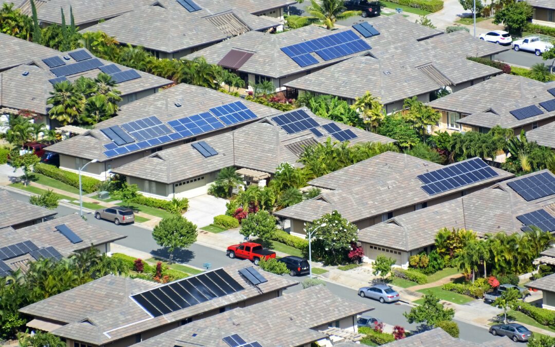 overhead look of houses after solar installers in orange county set up solar panels