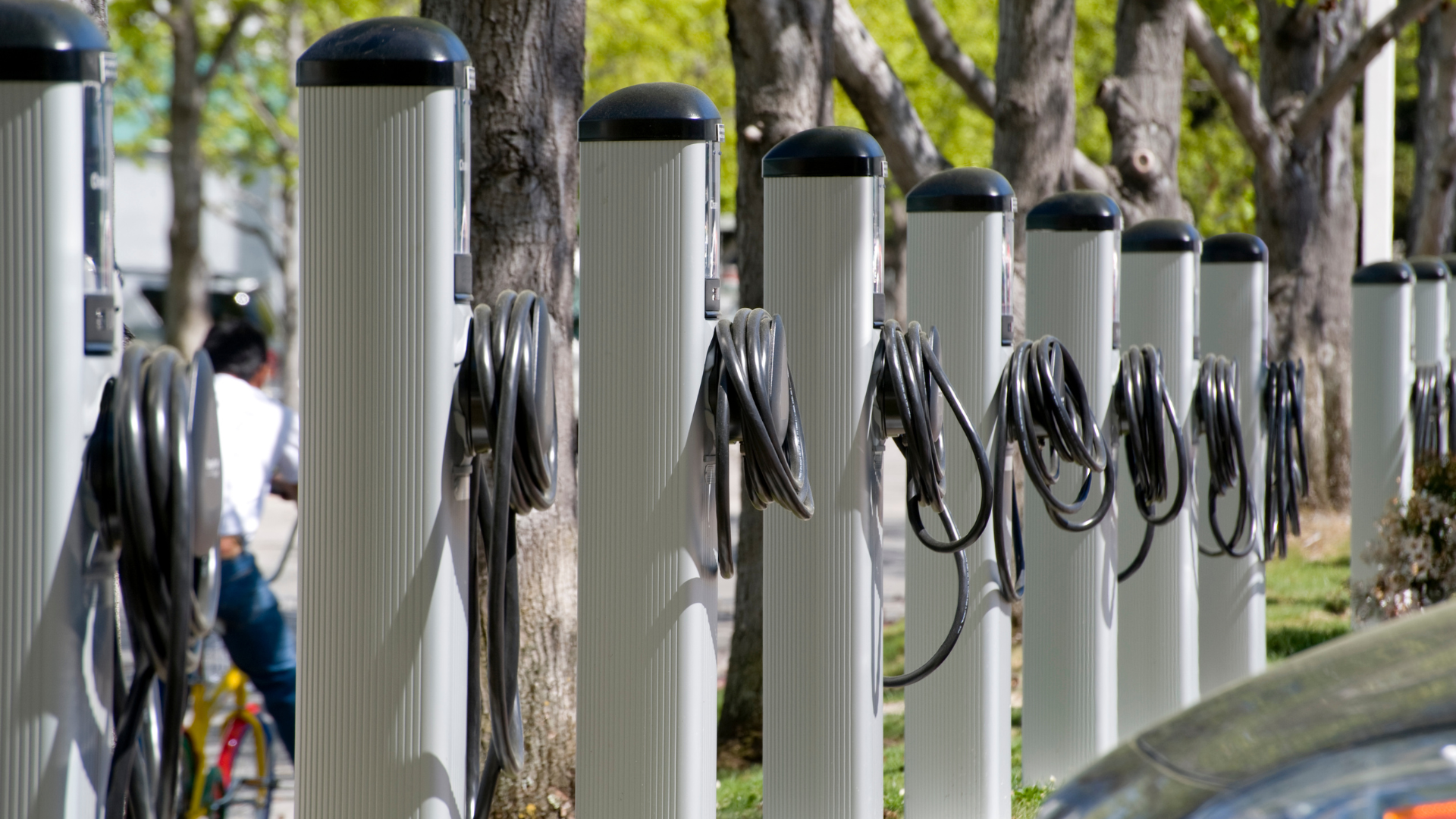 row of commercial ev charging stations in orange california