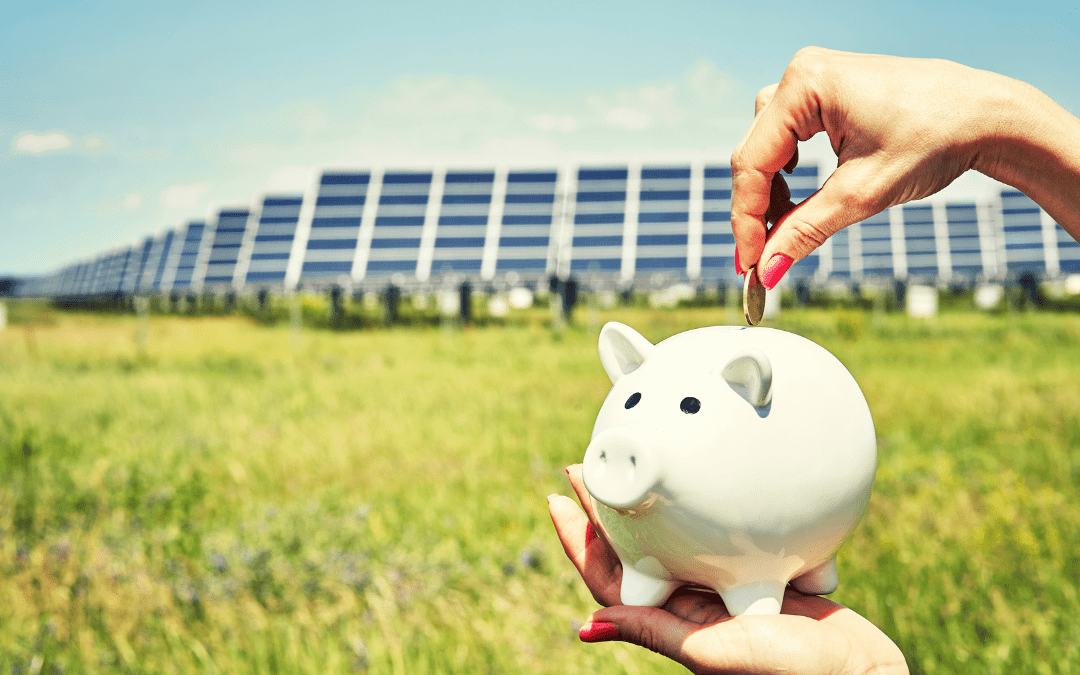 person in front of solar panels in orange county with a piggy bank